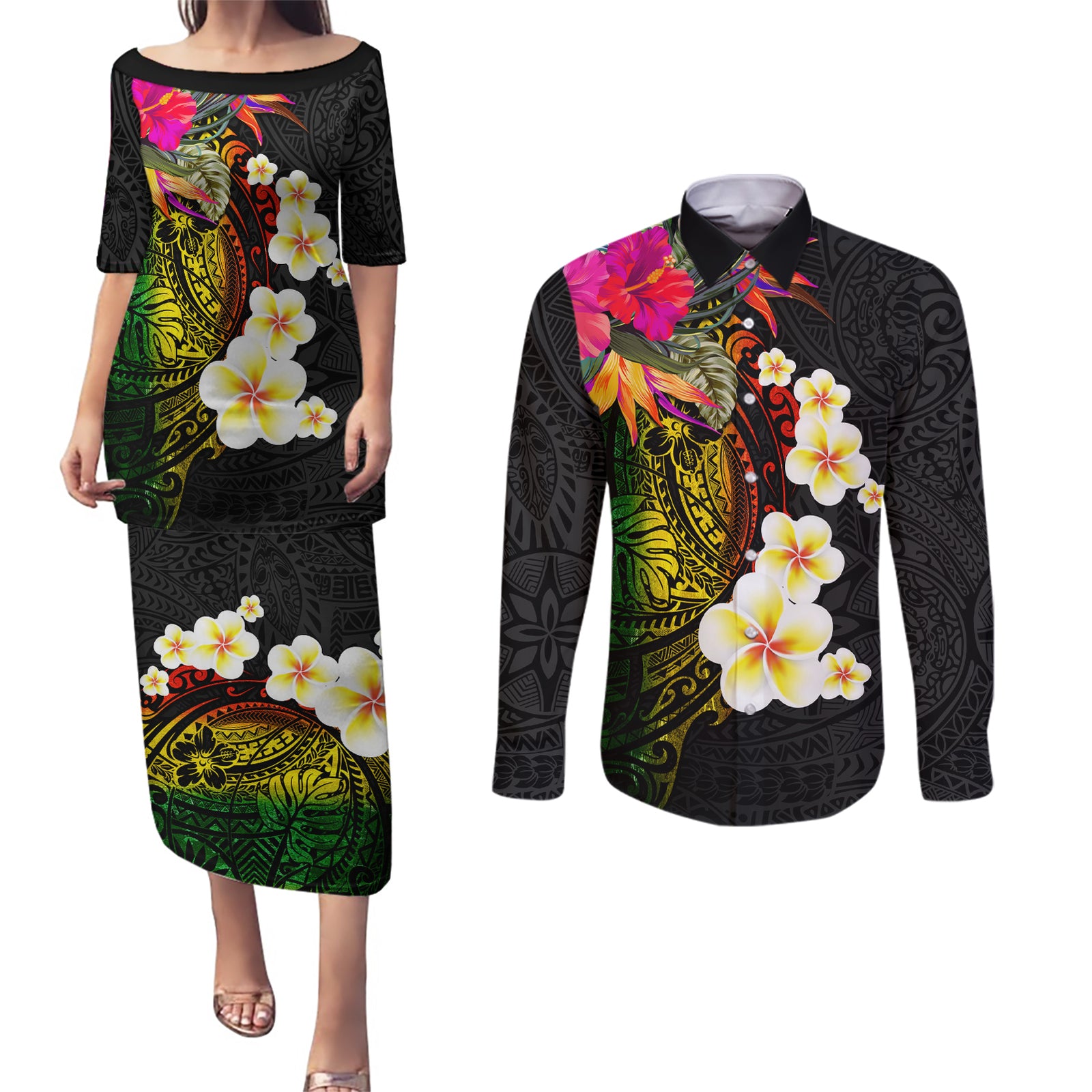 Hawaii Plumeria Couples Matching Puletasi and Long Sleeve Button Shirt Polynesian Tattoo and Hibiscus