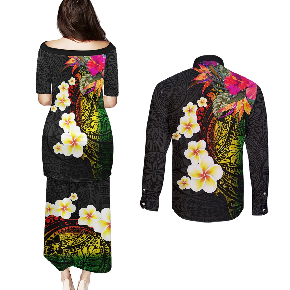 Hawaii Plumeria Couples Matching Puletasi and Long Sleeve Button Shirt Polynesian Tattoo and Hibiscus LT03 - Polynesian Pride