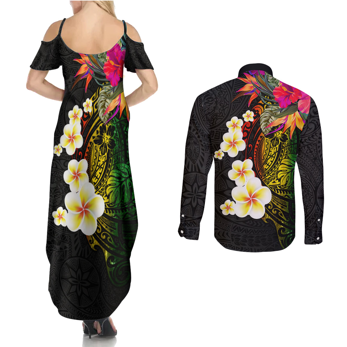 Hawaii Plumeria Couples Matching Summer Maxi Dress and Long Sleeve Button Shirt Polynesian Tattoo and Hibiscus