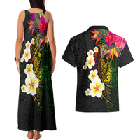 Hawaii Plumeria Couples Matching Tank Maxi Dress and Hawaiian Shirt Polynesian Tattoo and Hibiscus