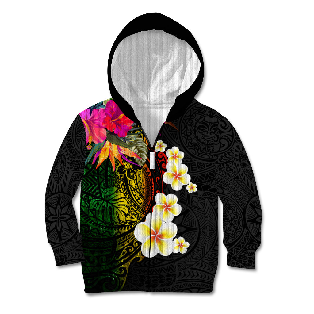 Hawaii Plumeria Kid Hoodie Polynesian Tattoo and Hibiscus LT03 Zip Hoodie Black - Polynesian Pride