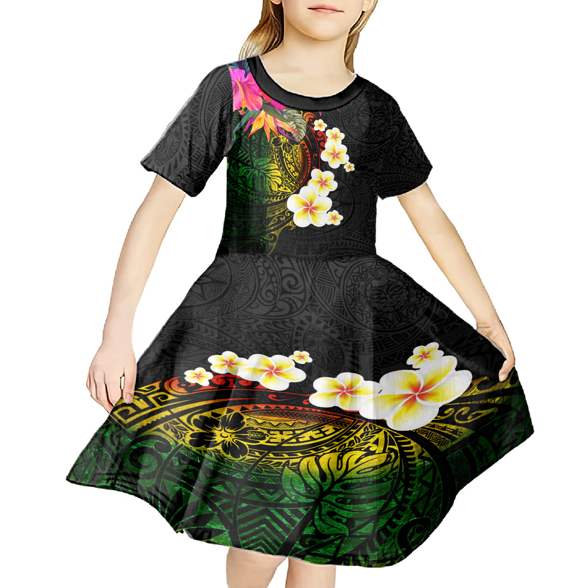 Hawaii Plumeria Kid Short Sleeve Dress Polynesian Tattoo and Hibiscus