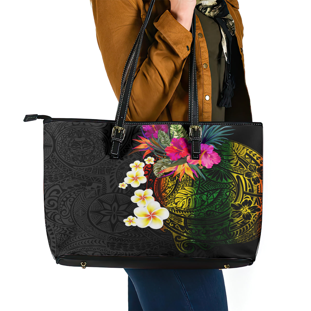 Hawaii Plumeria Leather Tote Bag Polynesian Tattoo and Hibiscus