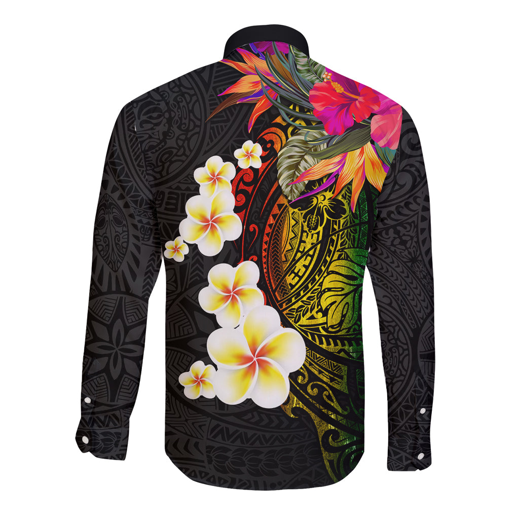 Hawaii Plumeria Long Sleeve Button Shirt Polynesian Tattoo and Hibiscus LT03 - Polynesian Pride