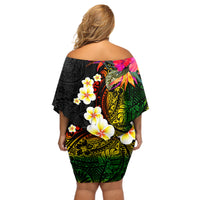 Hawaii Plumeria Off Shoulder Short Dress Polynesian Tattoo and Hibiscus