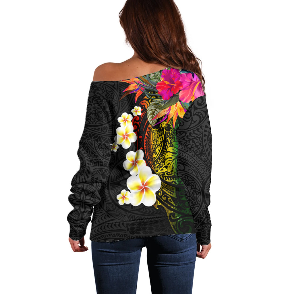 Hawaii Plumeria Off Shoulder Sweater Polynesian Tattoo and Hibiscus LT03 - Polynesian Pride