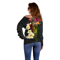Hawaii Plumeria Off Shoulder Sweater Polynesian Tattoo and Hibiscus LT03 - Polynesian Pride