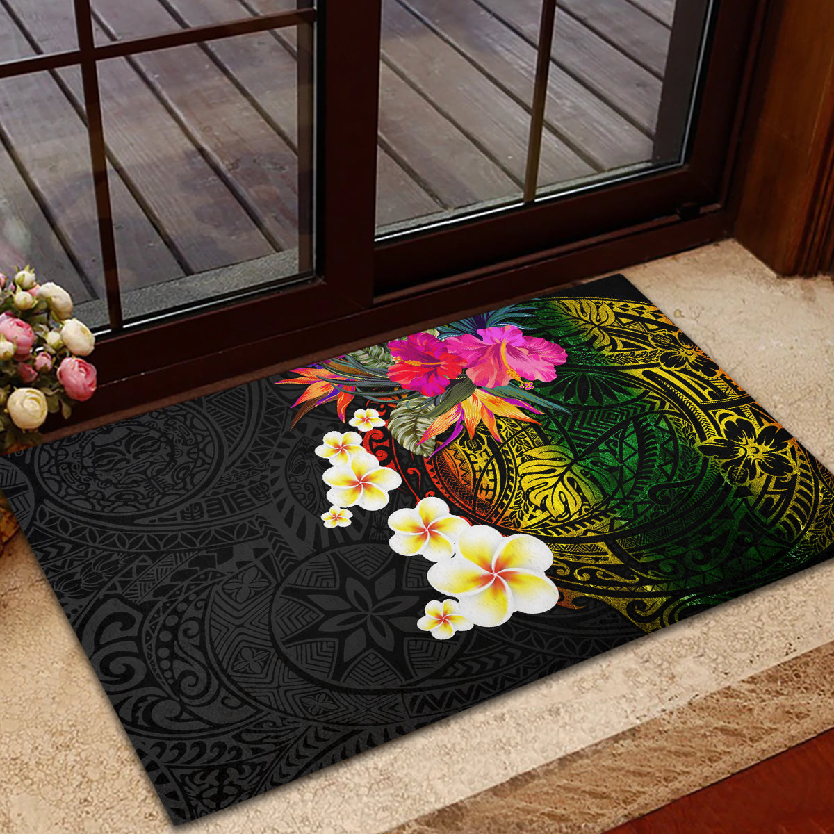 Hawaii Plumeria Rubber Doormat Polynesian Tattoo and Hibiscus