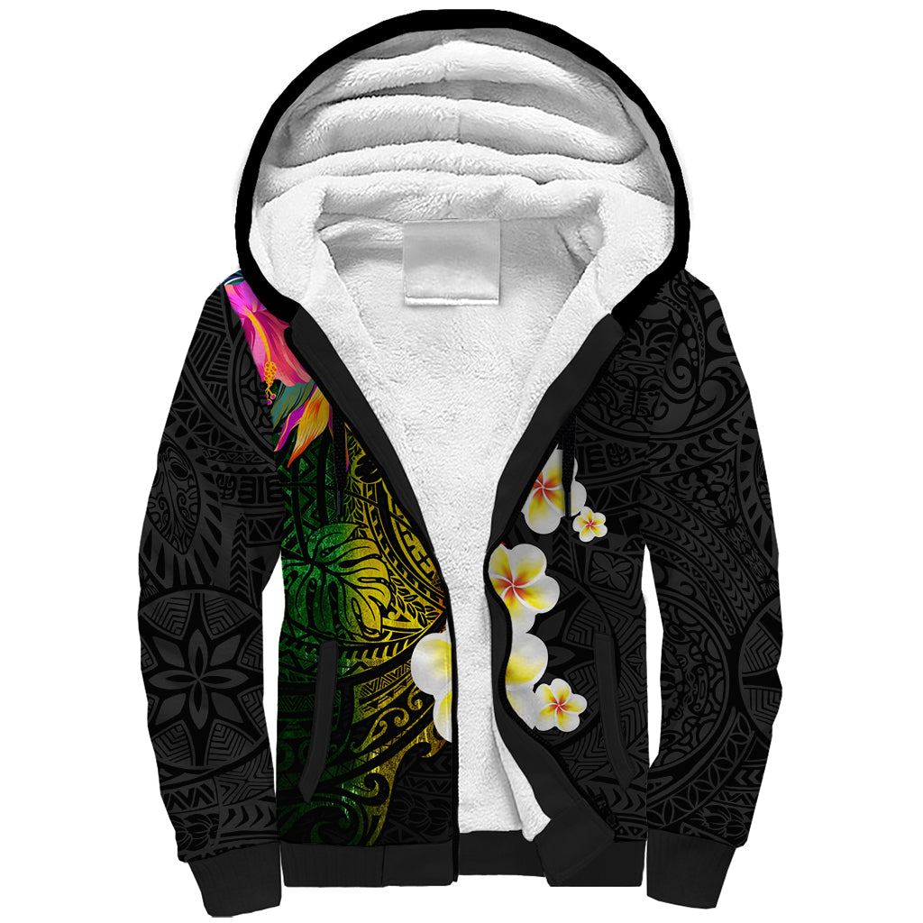 Hawaii Plumeria Sherpa Hoodie Polynesian Tattoo and Hibiscus
