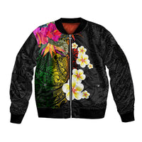 Hawaii Plumeria Sleeve Zip Bomber Jacket Polynesian Tattoo and Hibiscus