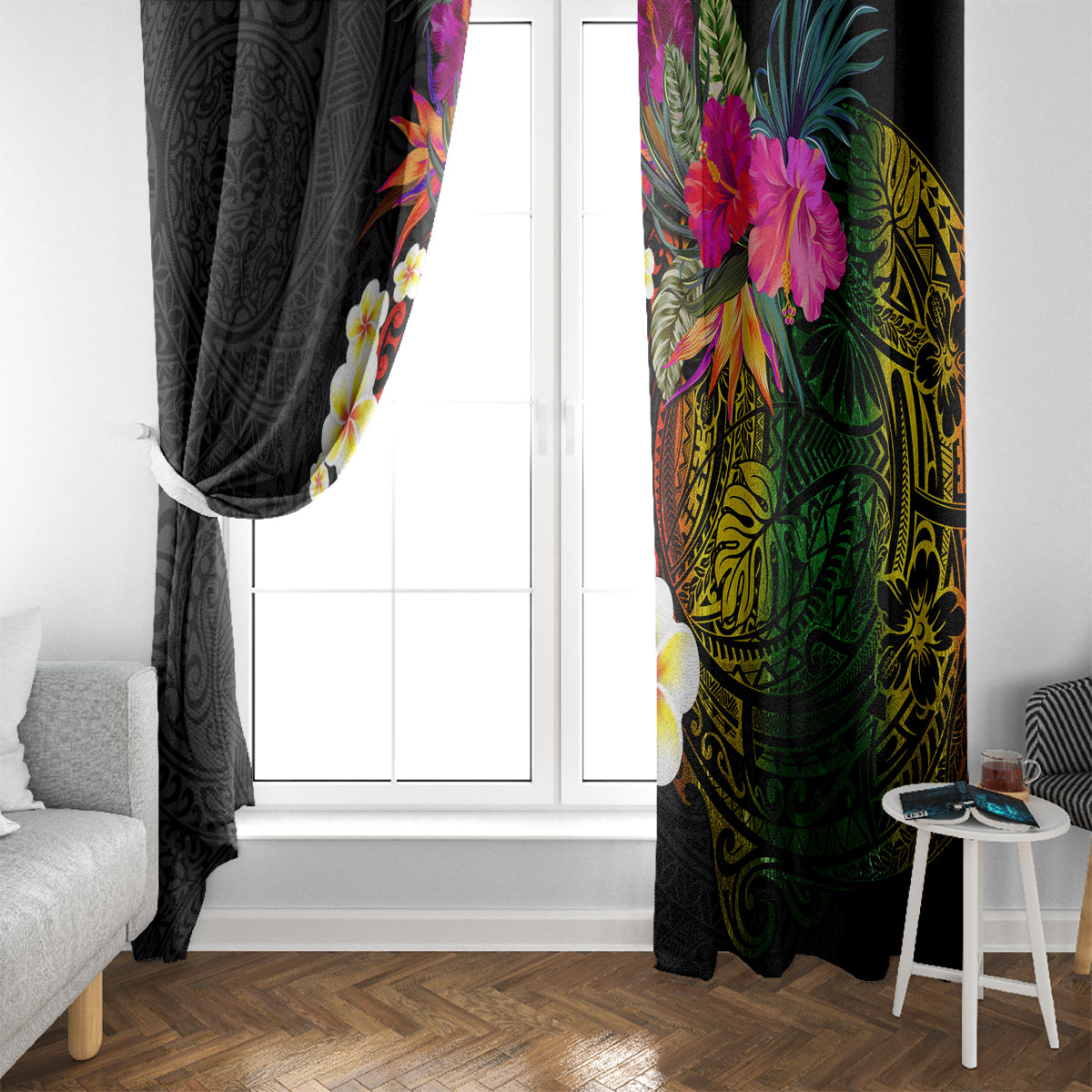 Hawaii Plumeria Window Curtain Polynesian Tattoo and Hibiscus