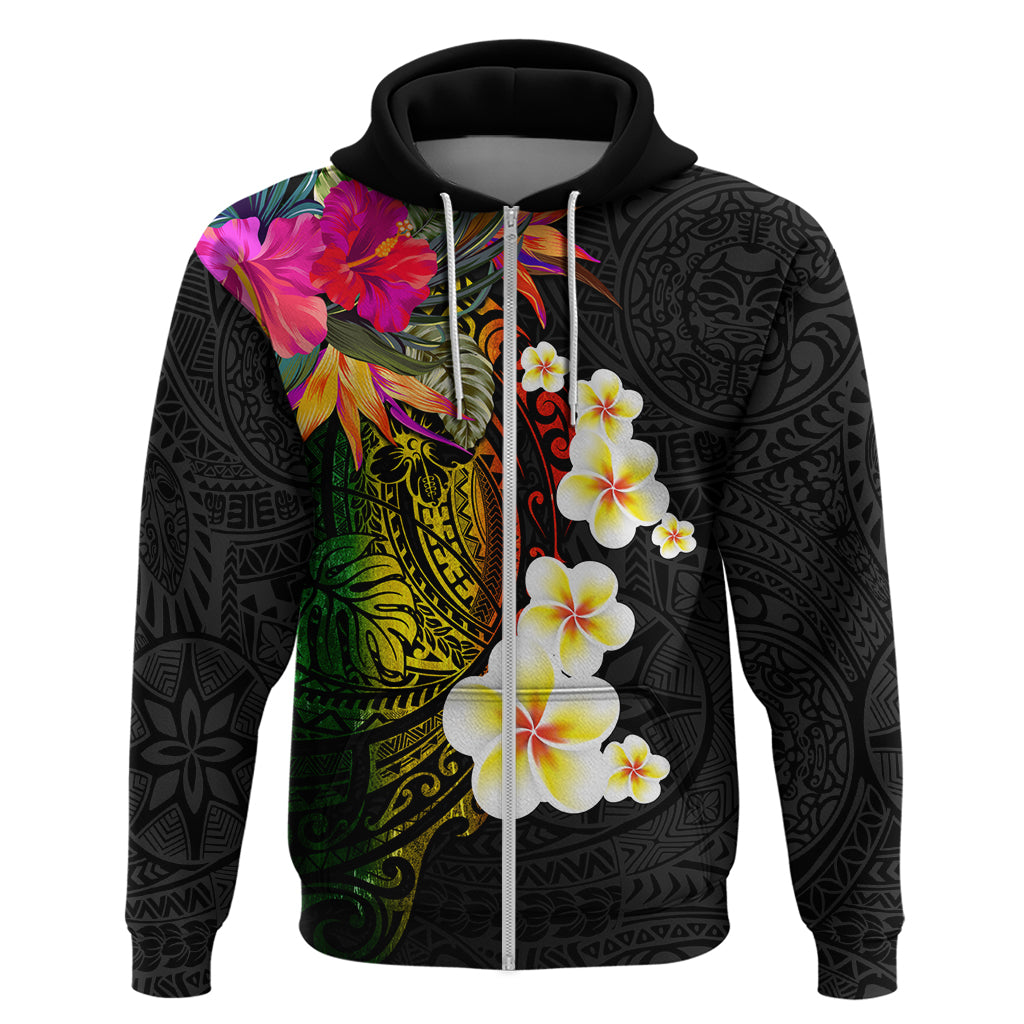 Hawaii Plumeria Zip Hoodie Polynesian Tattoo and Hibiscus