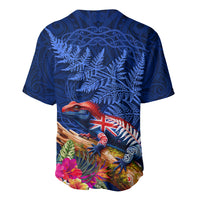New Zealand Tuatara Baseball Jersey Silver Fern Hibiscus and Tribal Maori Pattern Blue Color