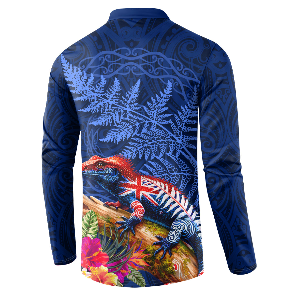 New Zealand Tuatara Button Sweatshirt Silver Fern Hibiscus and Tribal Maori Pattern Blue Color
