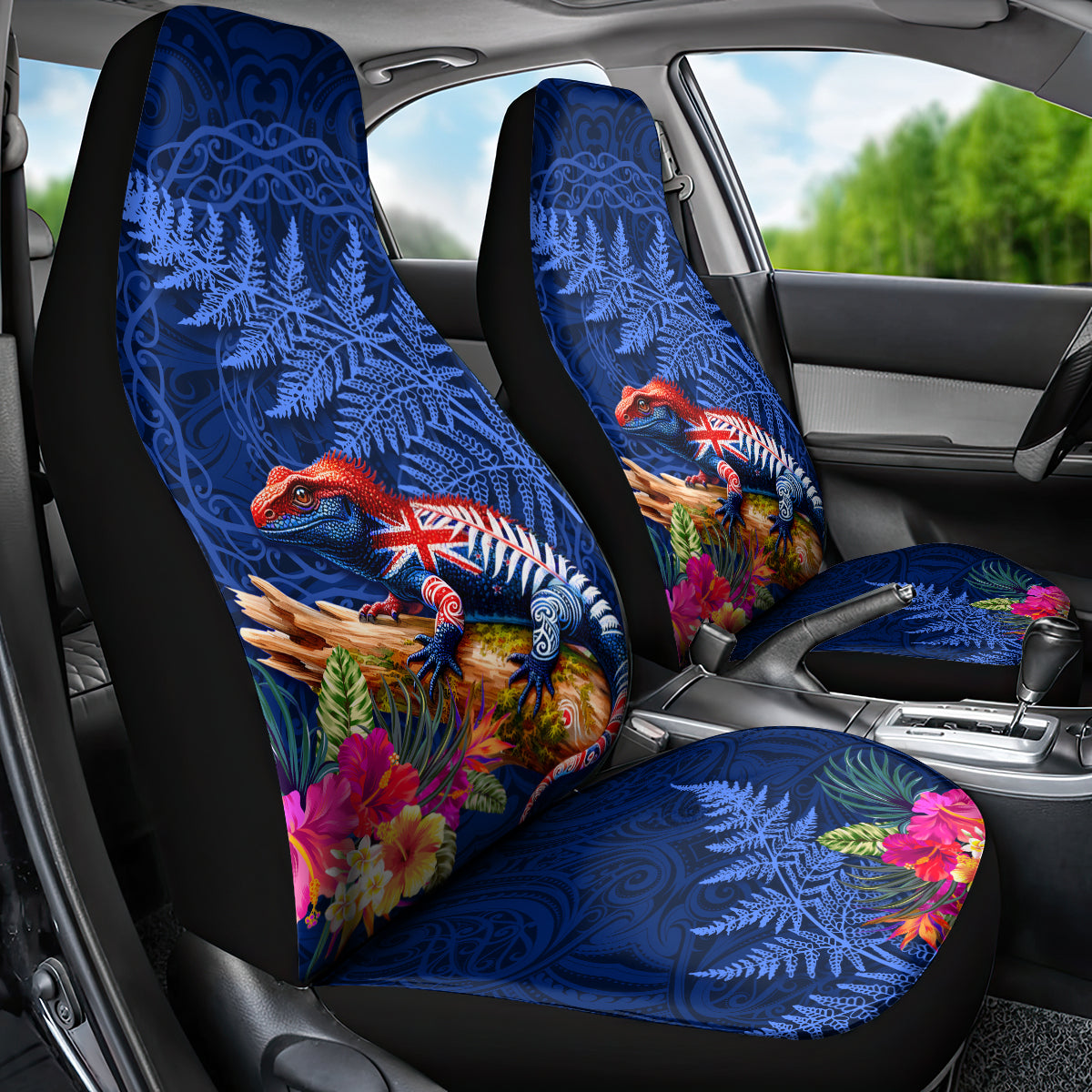 New Zealand Tuatara Car Seat Cover Silver Fern Hibiscus and Tribal Maori Pattern Blue Color