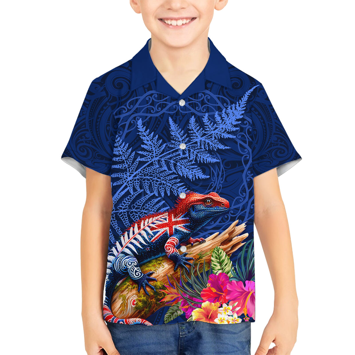 New Zealand Tuatara Family Matching Long Sleeve Bodycon Dress and Hawaiian Shirt Silver Fern Hibiscus and Tribal Maori Pattern Blue Color