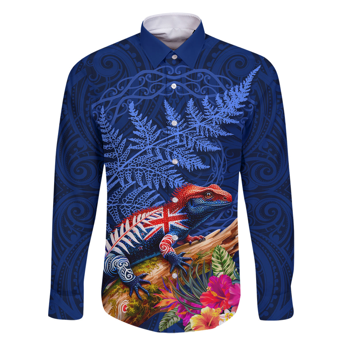 New Zealand Tuatara Family Matching Puletasi and Hawaiian Shirt Silver Fern Hibiscus and Tribal Maori Pattern Blue Color