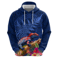 New Zealand Tuatara Hoodie Silver Fern Hibiscus and Tribal Maori Pattern Blue Color