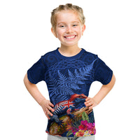 New Zealand Tuatara Kid T Shirt Silver Fern Hibiscus and Tribal Maori Pattern Blue Color