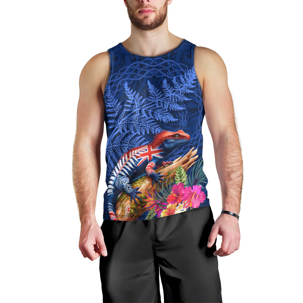 New Zealand Tuatara Men Tank Top Silver Fern Hibiscus and Tribal Maori Pattern Blue Color