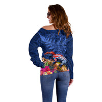 New Zealand Tuatara Off Shoulder Sweater Silver Fern Hibiscus and Tribal Maori Pattern Blue Color
