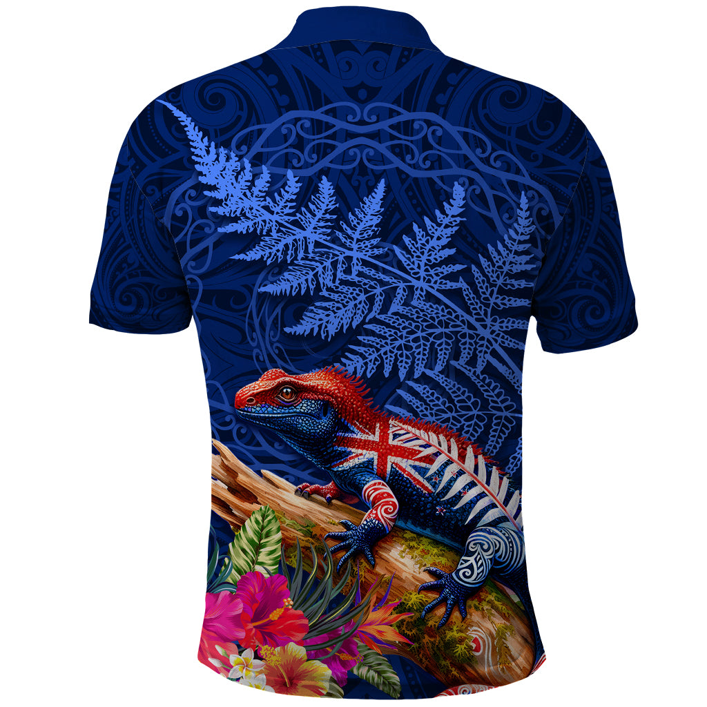 New Zealand Tuatara Polo Shirt Silver Fern Hibiscus and Tribal Maori Pattern Blue Color