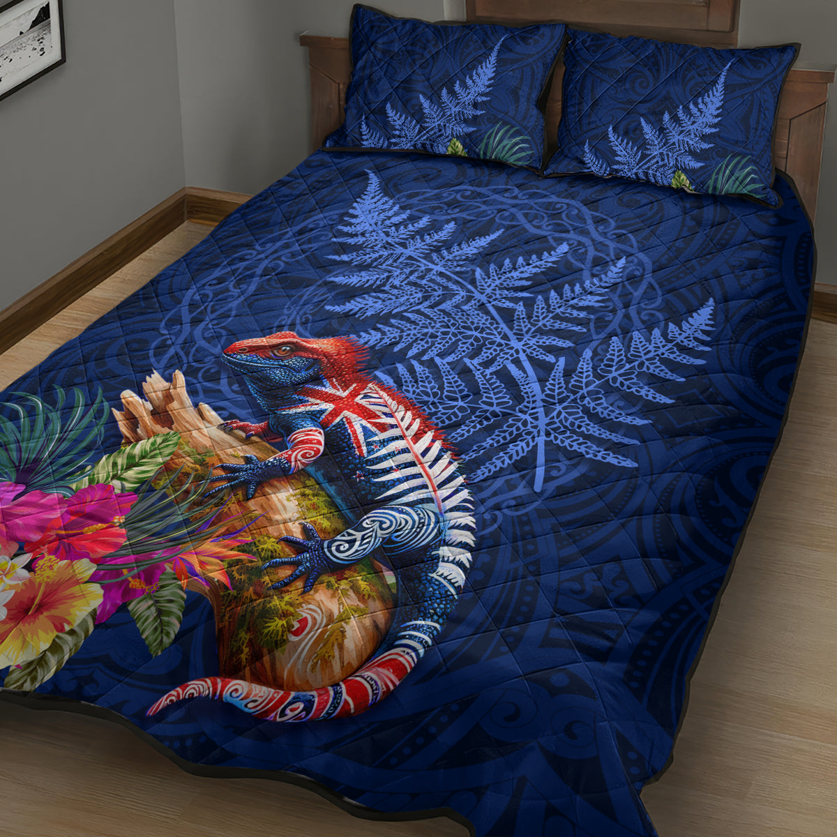 New Zealand Tuatara Quilt Bed Set Silver Fern Hibiscus and Tribal Maori Pattern Blue Color
