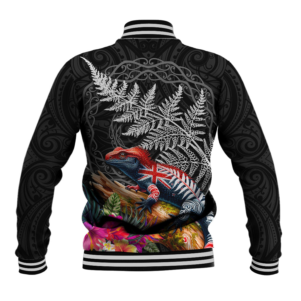 New Zealand Tuatara Baseball Jacket Silver Fern Hibiscus and Tribal Maori Pattern Black Color