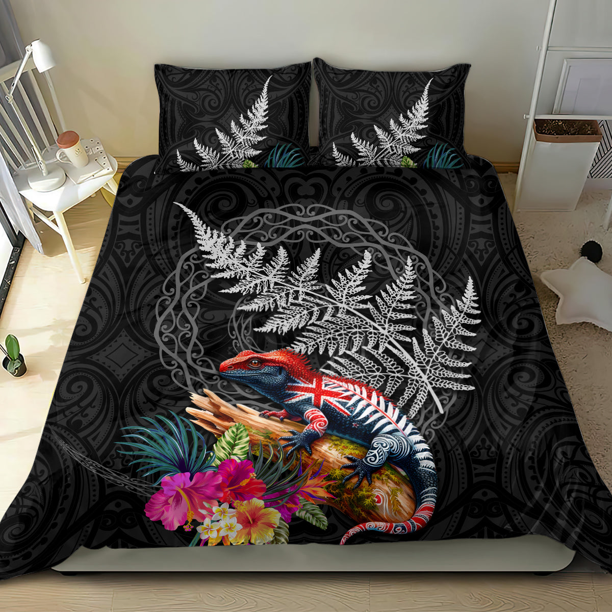 New Zealand Tuatara Bedding Set Silver Fern Hibiscus and Tribal Maori Pattern Black Color