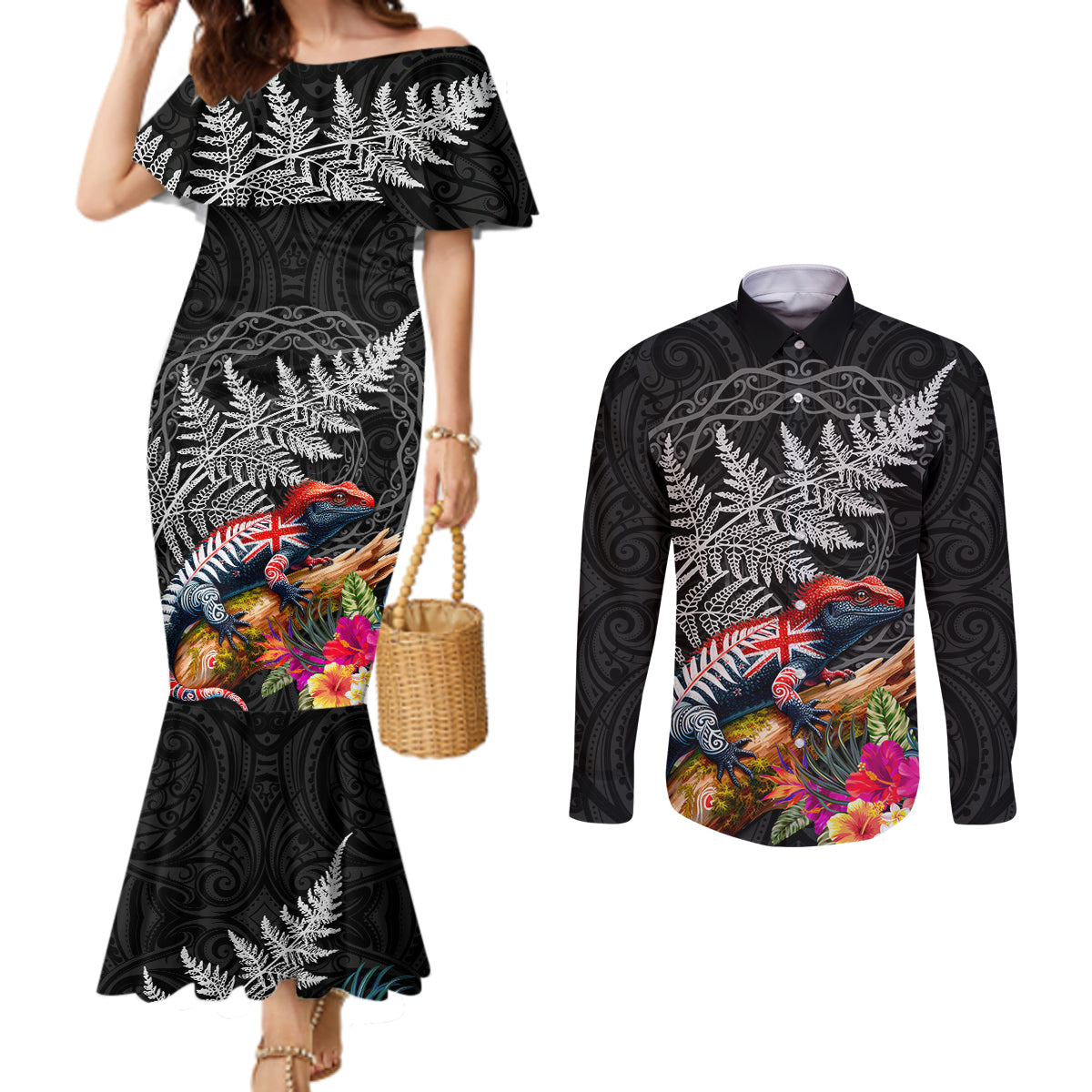 New Zealand Tuatara Couples Matching Mermaid Dress and Long Sleeve Button Shirt Silver Fern Hibiscus and Tribal Maori Pattern Black Color