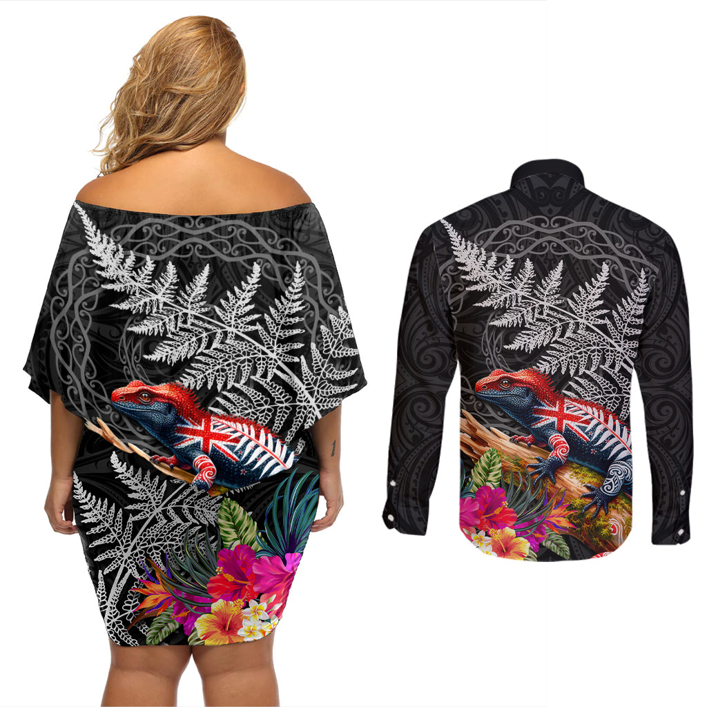 New Zealand Tuatara Couples Matching Off Shoulder Short Dress and Long Sleeve Button Shirt Silver Fern Hibiscus and Tribal Maori Pattern Black Color