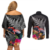 New Zealand Tuatara Couples Matching Off Shoulder Short Dress and Long Sleeve Button Shirt Silver Fern Hibiscus and Tribal Maori Pattern Black Color