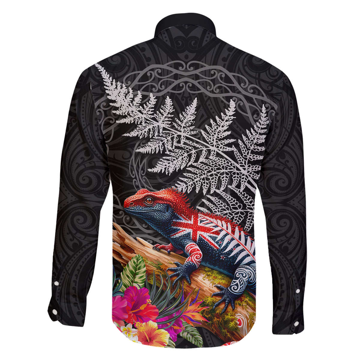 New Zealand Tuatara Family Matching Off The Shoulder Long Sleeve Dress and Hawaiian Shirt Silver Fern Hibiscus and Tribal Maori Pattern Black Color