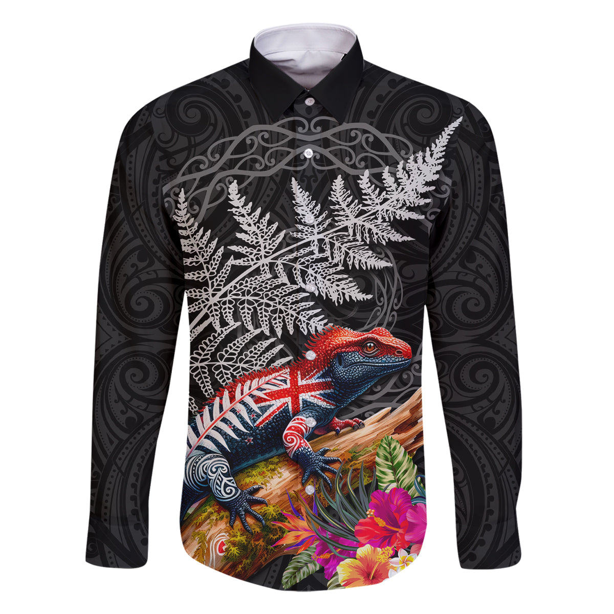 New Zealand Tuatara Family Matching Off Shoulder Short Dress and Hawaiian Shirt Silver Fern Hibiscus and Tribal Maori Pattern Black Color