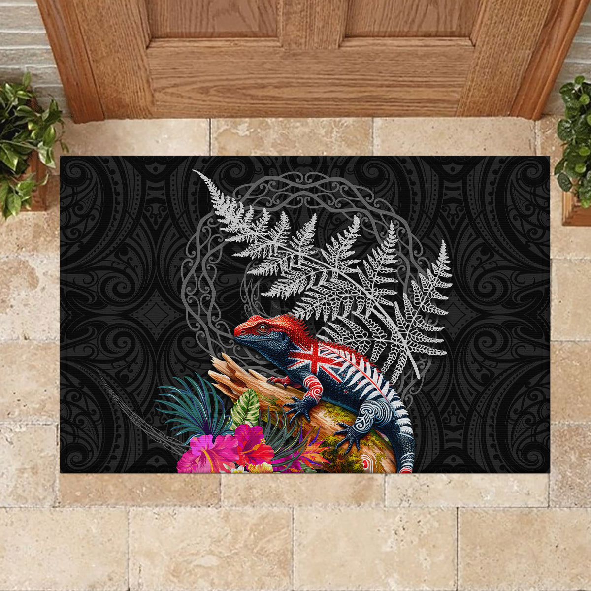New Zealand Tuatara Rubber Doormat Silver Fern Hibiscus and Tribal Maori Pattern Black Color