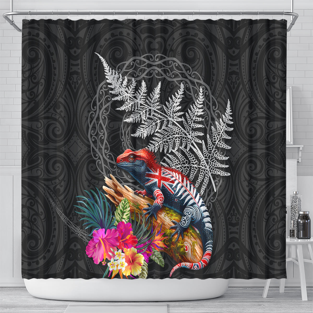 New Zealand Tuatara Shower Curtain Silver Fern Hibiscus and Tribal Maori Pattern Black Color