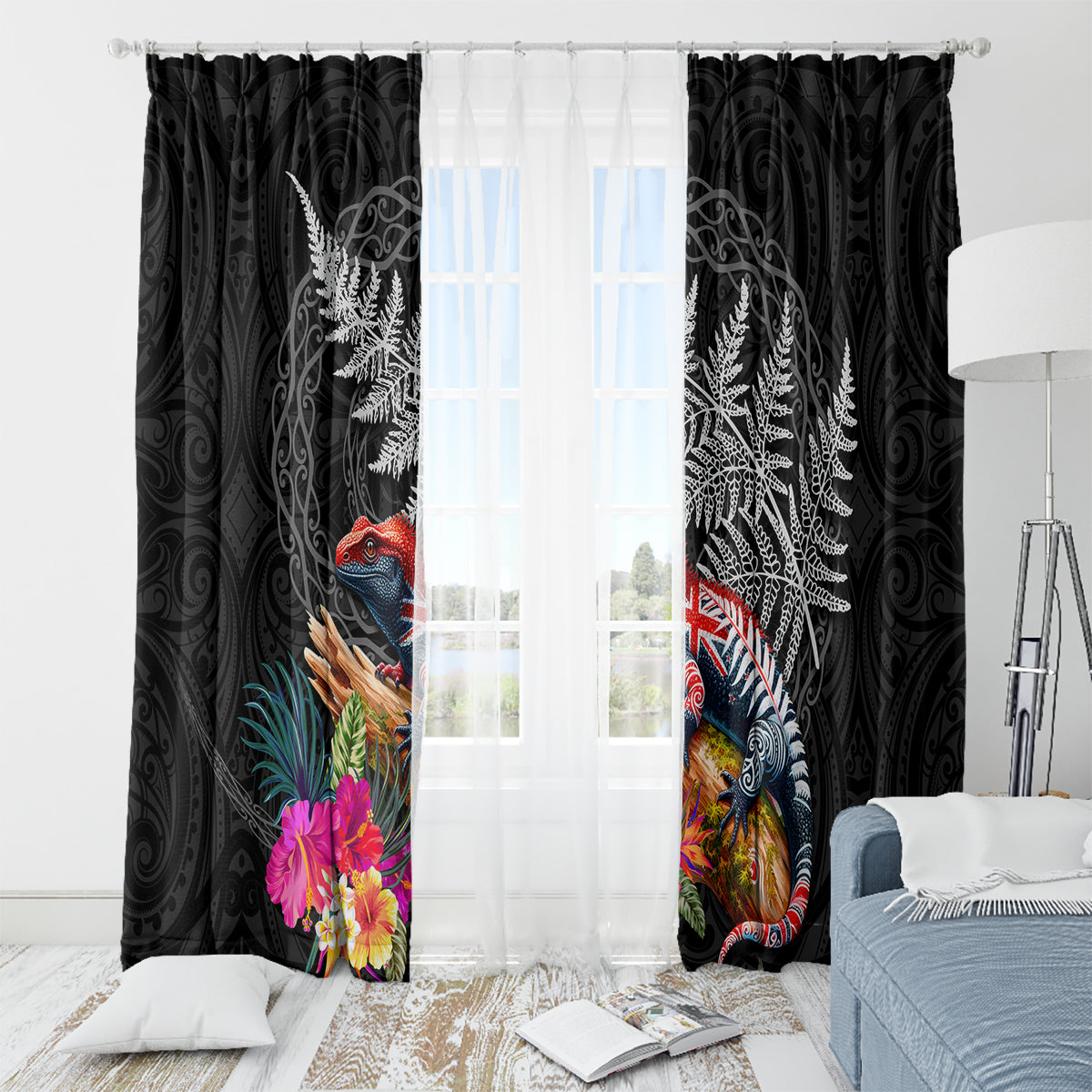 New Zealand Tuatara Window Curtain Silver Fern Hibiscus and Tribal Maori Pattern Black Color