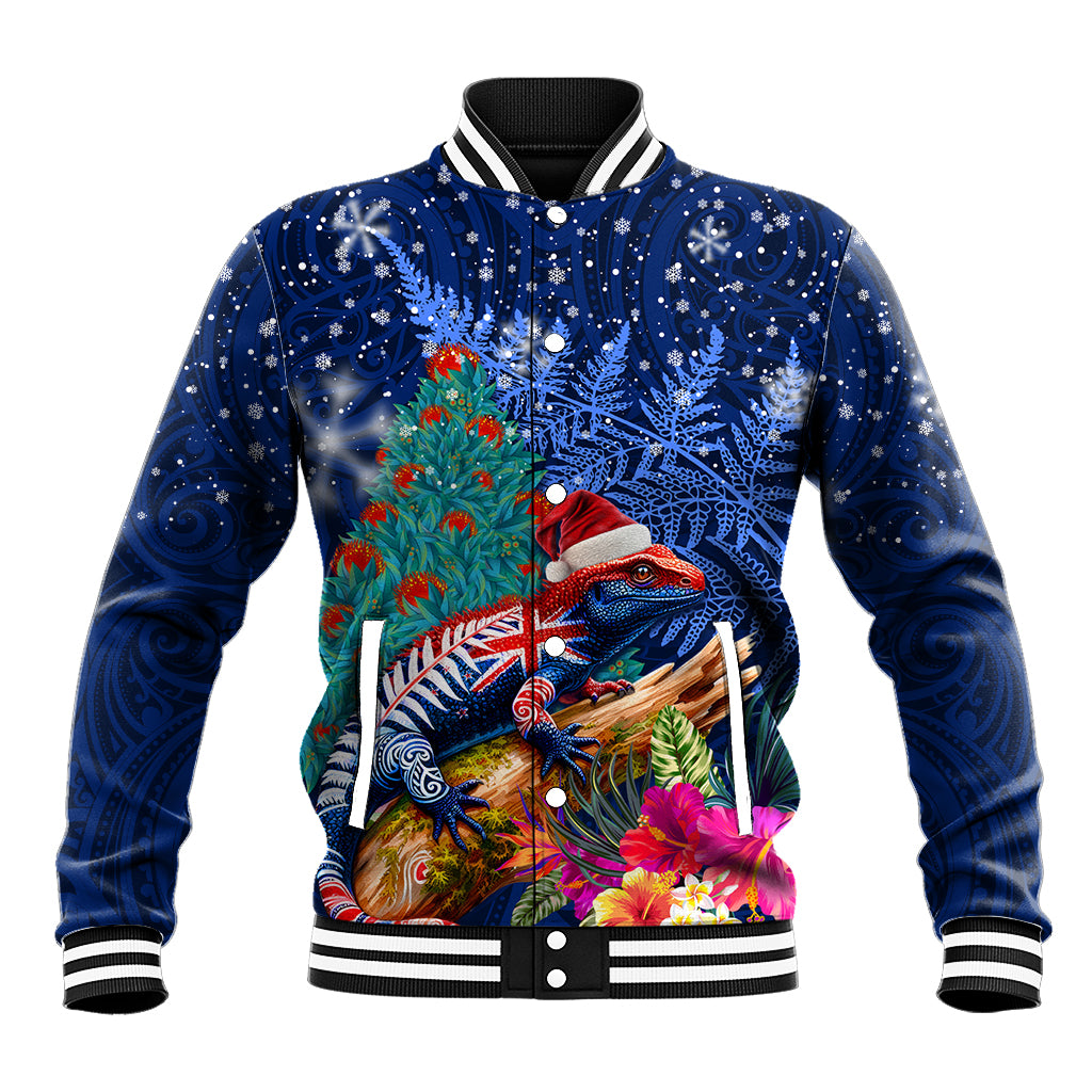 New Zealand Tuatara Christmas Baseball Jacket Silver Fern and Xmas Pohutukawa Tree Blue Color