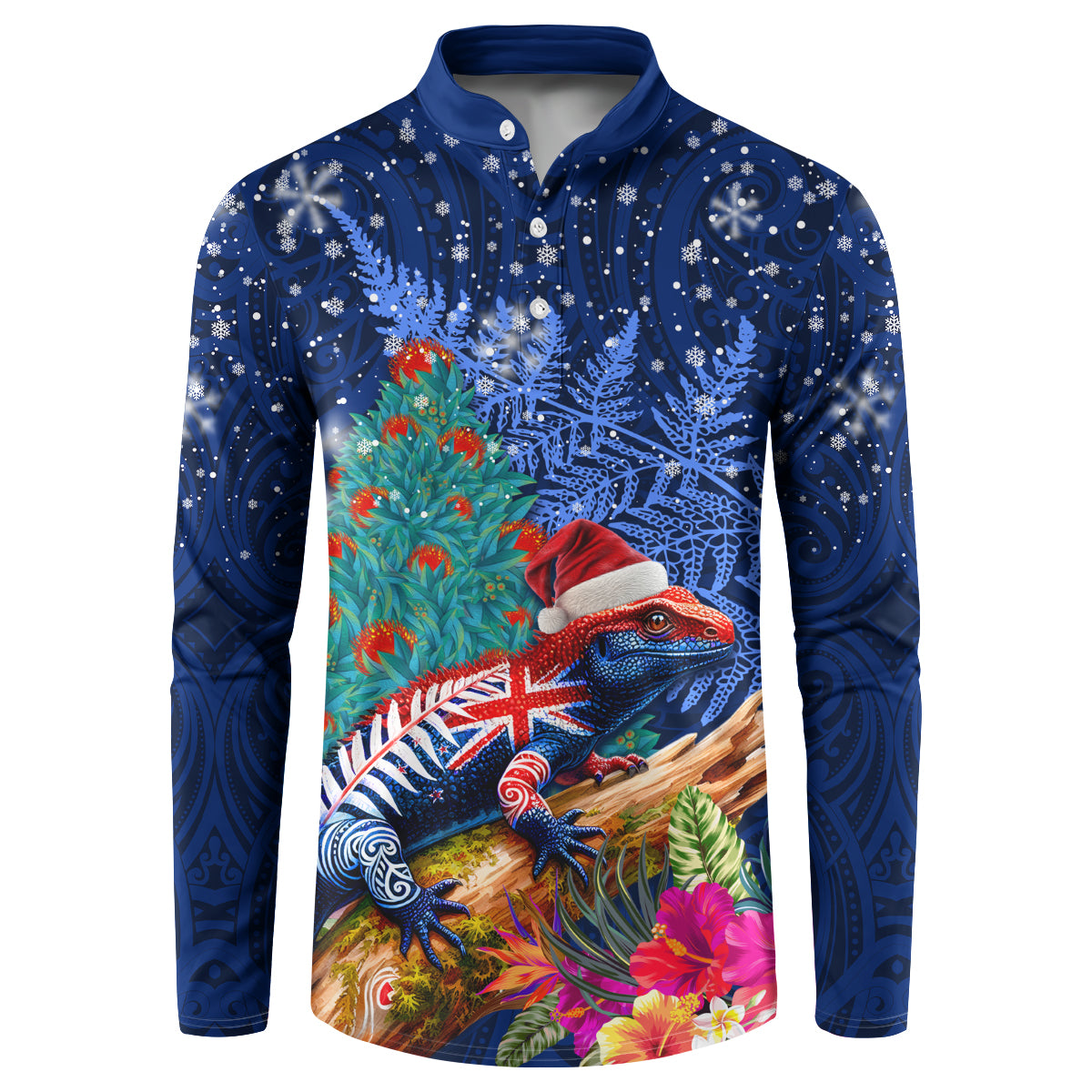 New Zealand Tuatara Christmas Button Sweatshirt Silver Fern and Xmas Pohutukawa Tree Blue Color