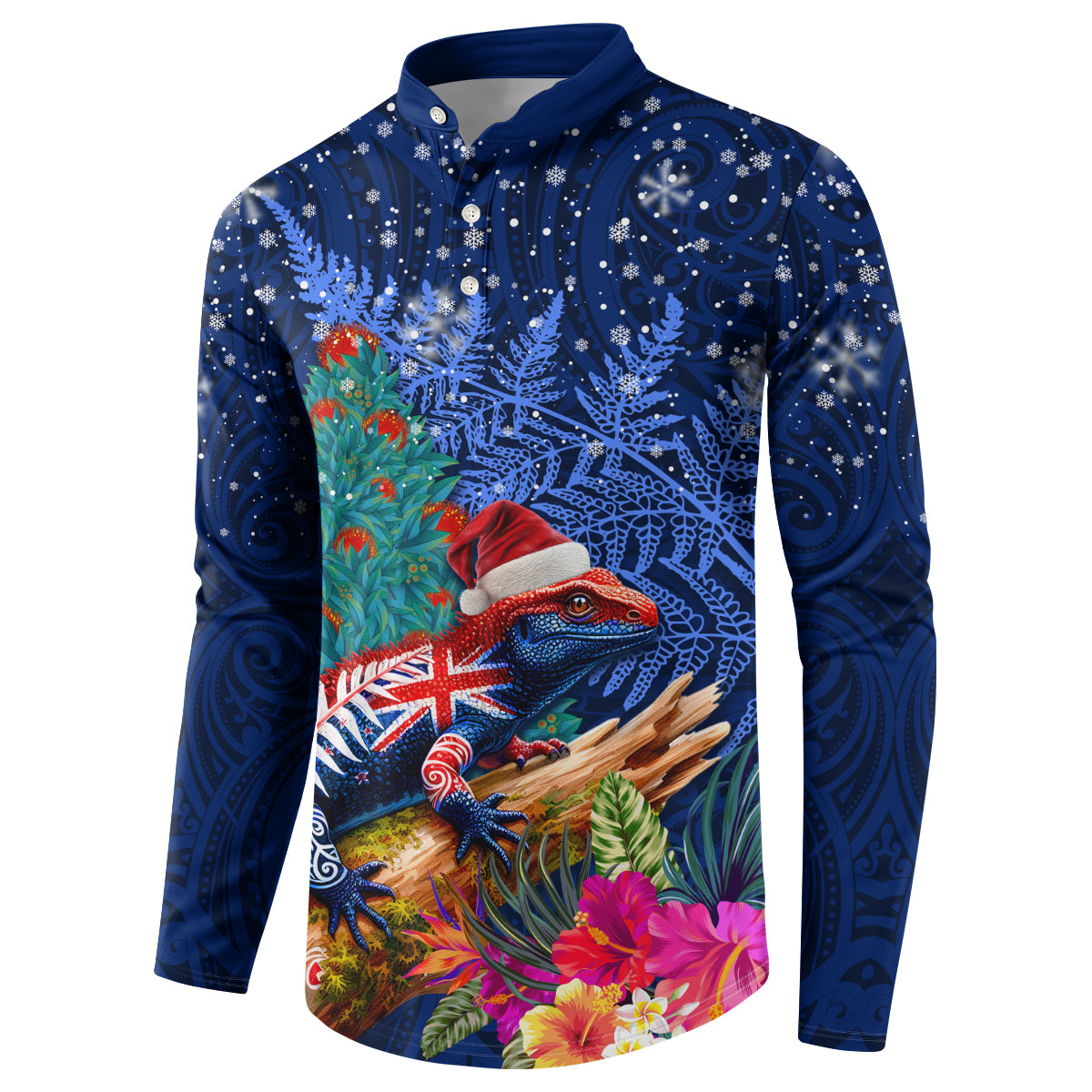 New Zealand Tuatara Christmas Button Sweatshirt Silver Fern and Xmas Pohutukawa Tree Blue Color