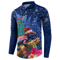 New Zealand Tuatara Christmas Button Sweatshirt Silver Fern and Xmas Pohutukawa Tree Blue Color