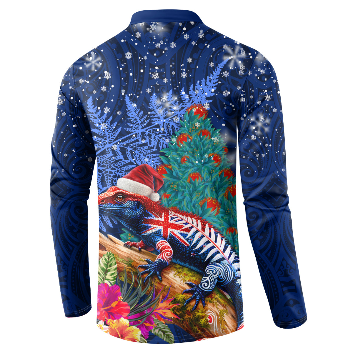 New Zealand Tuatara Christmas Button Sweatshirt Silver Fern and Xmas Pohutukawa Tree Blue Color