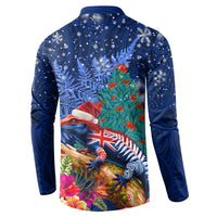 New Zealand Tuatara Christmas Button Sweatshirt Silver Fern and Xmas Pohutukawa Tree Blue Color
