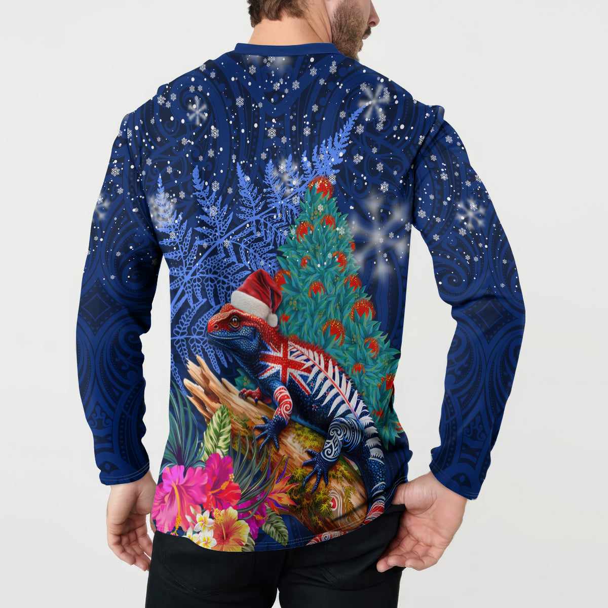 New Zealand Tuatara Christmas Button Sweatshirt Silver Fern and Xmas Pohutukawa Tree Blue Color