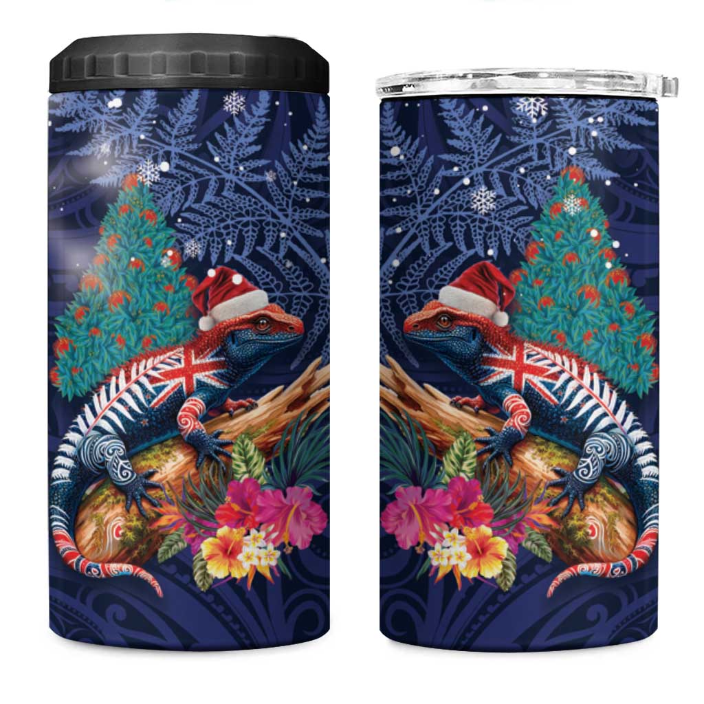 New Zealand Tuatara Christmas 4 in 1 Can Cooler Tumbler Silver Fern and Xmas Pohutukawa Tree Blue Color