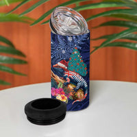 New Zealand Tuatara Christmas 4 in 1 Can Cooler Tumbler Silver Fern and Xmas Pohutukawa Tree Blue Color