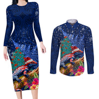 New Zealand Tuatara Christmas Couples Matching Long Sleeve Bodycon Dress and Long Sleeve Button Shirt Silver Fern and Xmas Pohutukawa Tree Blue Color