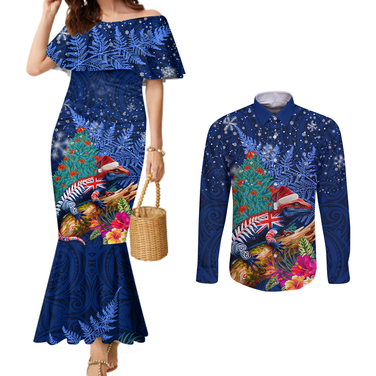 New Zealand Tuatara Christmas Couples Matching Mermaid Dress and Long Sleeve Button Shirt Silver Fern and Xmas Pohutukawa Tree Blue Color