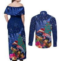 New Zealand Tuatara Christmas Couples Matching Off Shoulder Maxi Dress and Long Sleeve Button Shirt Silver Fern and Xmas Pohutukawa Tree Blue Color