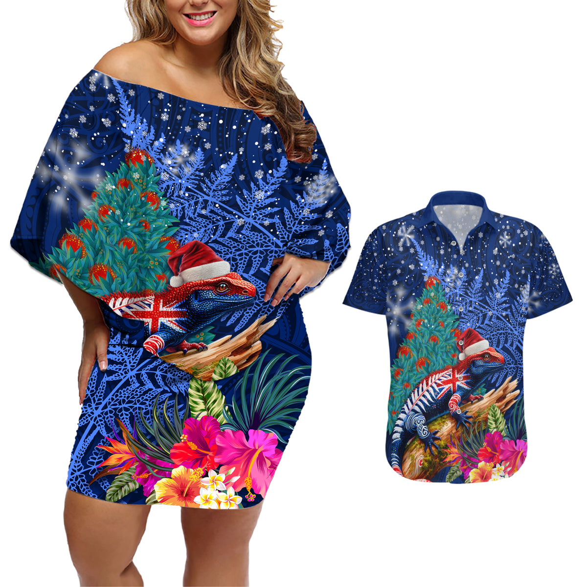 New Zealand Tuatara Christmas Couples Matching Off Shoulder Short Dress and Hawaiian Shirt Silver Fern and Xmas Pohutukawa Tree Blue Color